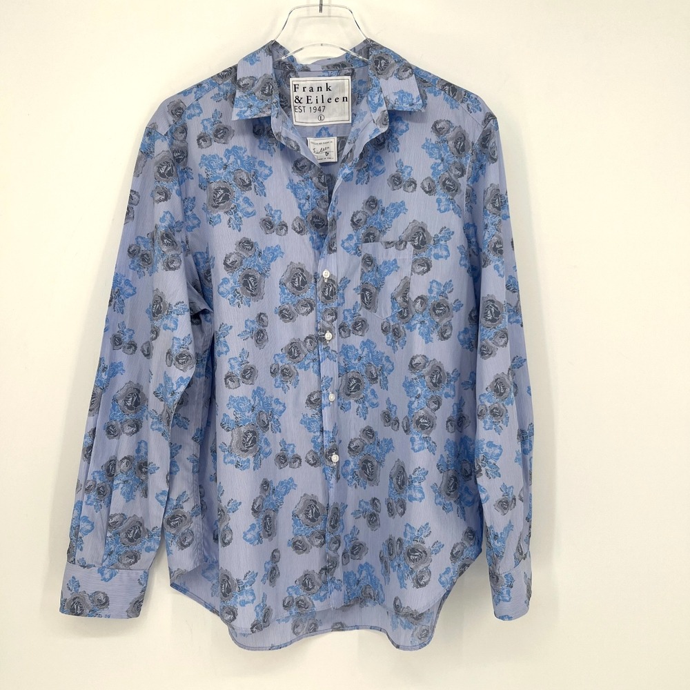 Frank & Eileen Eileen Top Womens L Blue Floral Button Up Relaxed Roses